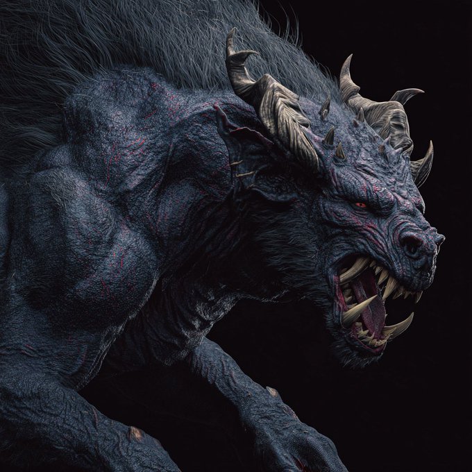 A highly detailed dark fantasy creature with black fur, multiple curved horns, glowing red eyes, and sharp fangs snarls aggressively against a black background.