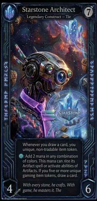 The image features a card from the Starstone Architect game series. The card has a purple scarf around its neck and a blue crown on top. It displays a description that reads, "Star Stone Architect - Legendary Construct - Tie". The card also includes a list of items such as a sword, a shield, a book, and a crystal ball. Additionally, there is a small image of the game's logo in the bottom right corner.