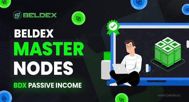 Promotional banner for 'BELDEX MASTER NODES - BDX PASSIVE INCOME' featuring an illustrated character working on a laptop with stacks of cash and a verification checkmark, branded with beldex.io.