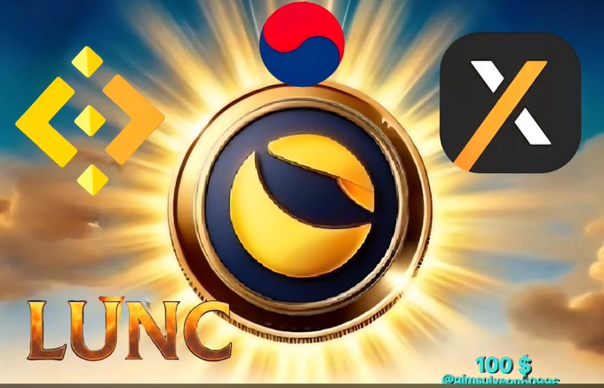 The image shows a promotional graphic featuring the LUNC (Terra Luna Classic) coin logo surrounded by Binance, Upbit, and X (formerly Twitter) icons, with a glowing sky background and a "100$" price target notation, seemingly linking Luna's potential rise to Binance's expansion into the Korean market through the Bybit-Gopax deal described in the post.