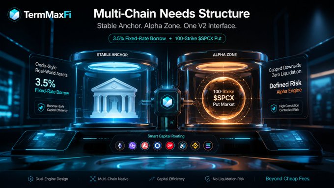 The image is a promotional graphic for TermMaxFi titled "Multi-Chain Needs Structure," highlighting a "3.5% Fixed-Rate Borrow + 100-Strike SSPCX Put" with two main sections: a "Stable Anchor" featuring ondo-style real-world assets at 3.5% fixed-rate borrow with boomer-safe capital efficiency, and an "Alpha Zone" offering defined alpha engine with capped downside and zero liquidation through a 100-strike SSPCX put market. The graphic supports the post's point by visualizing TermMax's dual-engine design on BNB Chain, emphasizing structured borrowing with real-world asset yields rather than merely copy-pasting lending pools across chains.