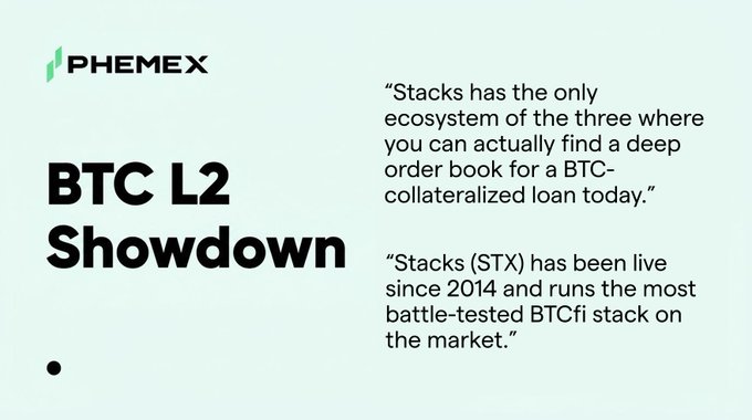 The image features a white background with black text that reads "Stacks (STX) has the only ecosystem of the three where you can actually find a deep order book for a BTC today." The image also includes a quote from an expert, stating that "Stocks (STX) has been live since 2014 and runs the most battle-tested Btc stack on the market".