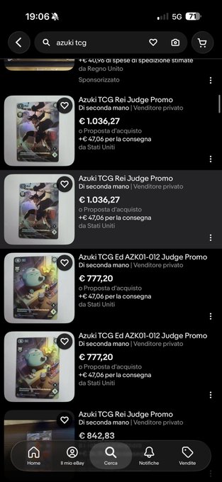 A mobile eBay search results page in Italian showing Pokémon TCG listings for "Azuki TCG Rei Judge Promo" cards priced between €777.20 and €1,036.27.