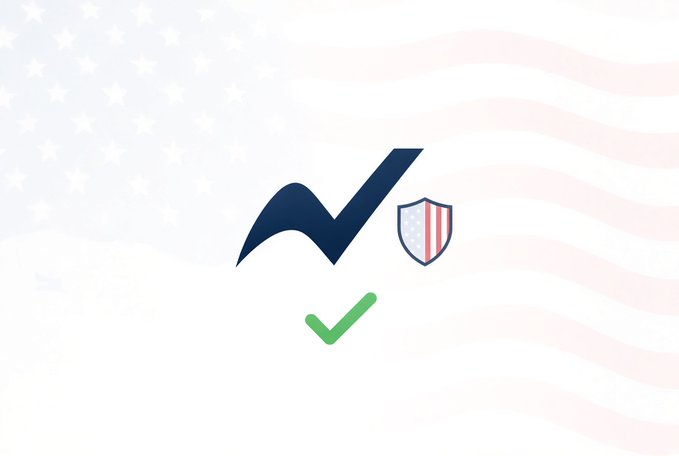 A logo featuring a stylized 'N' with a shield bearing the American flag, accompanied by a green checkmark, set against a faded American flag background.