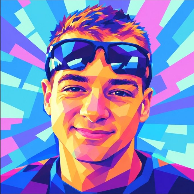 A colorful geometric pop-art style portrait of a man wearing sunglasses against a vibrant abstract background.