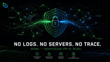 A dark promotional graphic for 'BelnNet - Decentralized VPN' featuring a green shield and padlock icon with the tagline 'NO LOGS. NO SERVERS. NO TRACE.' and small feature icons at the bottom.