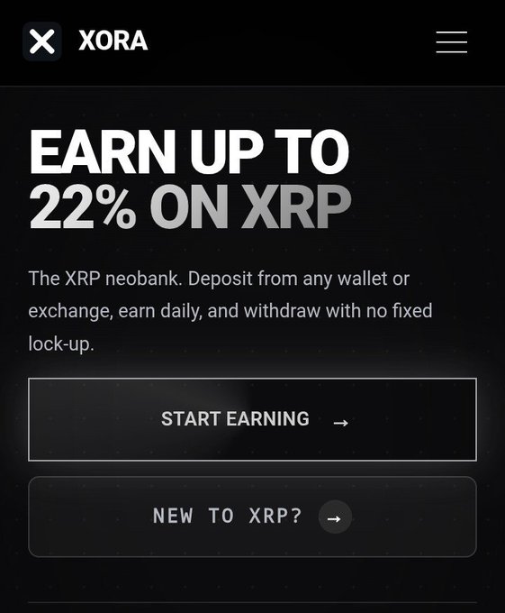 A promotional advertisement for XORA, an XRP neobank, offering 'EARN UP TO 22% ON XRP' with buttons to 'START EARNING' and 'NEW TO XRP?'.