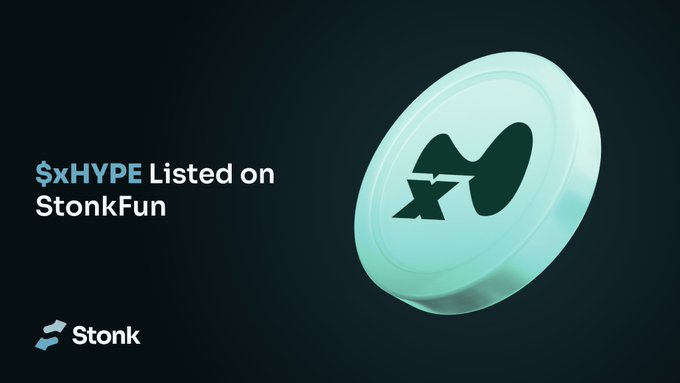 A promotional graphic announces "$xHYPE Listed on StonkFun" alongside a 3D-rendered teal token featuring a stylized "X" logo, with the Stonk branding at the bottom. The image visually represents the post's announcement that the 3x leveraged $HYPE token ($xHYPE) from Hylo is now available for launching trading pairs on StonkFun.
