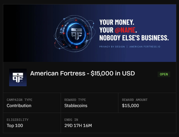 An American Fortress IO airdrop campaign offering $15,000 in stablecoins as a reward for top 100 contributors, ending in 29D 17H 16M.