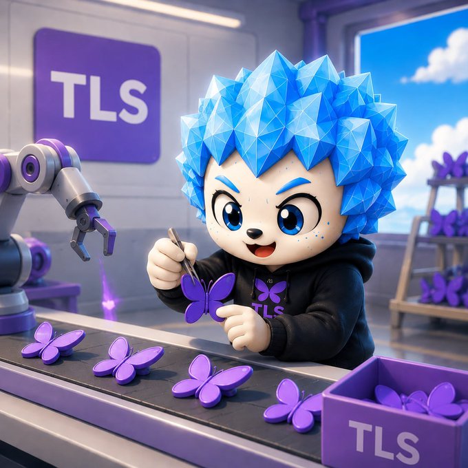 The image features a cartoon character wearing a black hoodie and blue hair, standing at a table surrounded by purple butterflies. The character appears to be working diligently on a project involving butterfly-shaped objects or decorations. The background of the image shows a robot with a purple head, which is also part of the project. The post that accompanies this image emphasizes the importance of creating a warm and human-touch community through hard work and dedication.
