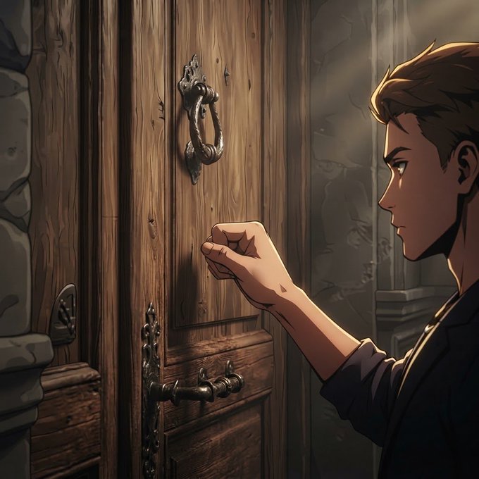 An anime-style illustration of a young man with blonde hair knocking on an old wooden door with an ornate metal door knocker, with sunlight streaming in from the right.