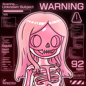 The image features a cartoon girl with pink hair, wearing a skeleton costume that has a squid-like appearance. The girl appears to be smiling at the camera. The background of the image is black, which contrasts with the pink color of her hair and costume. There are several texts in the image, including "Scaning...", "Unknown Subject", "WARNING!", "92 beats per minute", and "@ikadotxyz". These texts seem to be related to a post or content about the girl's squid-like appearance.