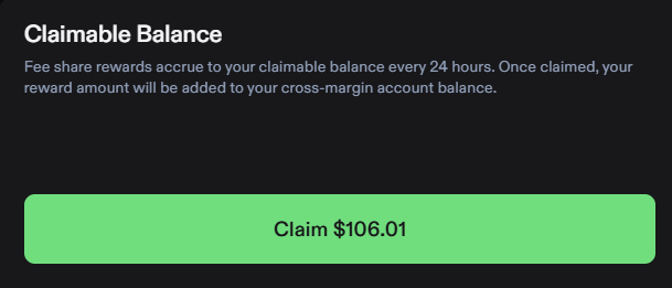 A screenshot showing a "Claimable Balance" of **$106.01** with a green "Claim" button, reflecting a day's accumulated fee share rewards on Phoenix trade, which aligns with the user's post about their daily earnings.