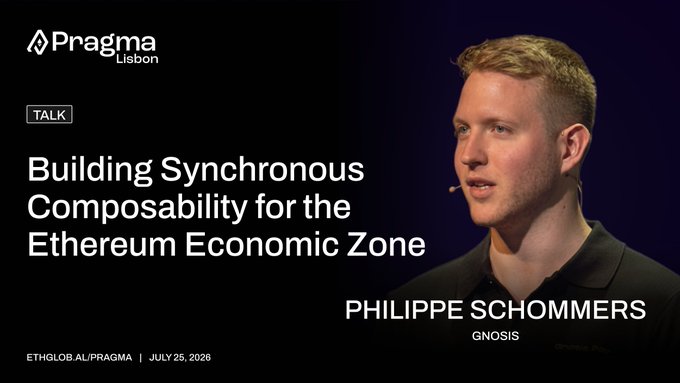 A conference promotional image for Pragma Lisbon featuring speaker Philippe Schommers from Gnosis, presenting 'Building Synchronous Composability for the Ethereum Economic Zone' on July 25, 2026.