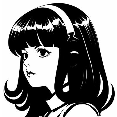 A black and white anime/manga style illustration of a young woman with a bob haircut and a white headband, winking at the viewer.