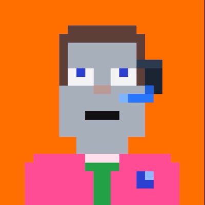A low-resolution pixel art image of a gray-skinned character with blue eyes wearing a headset, pink shirt, and green tie against an orange background.