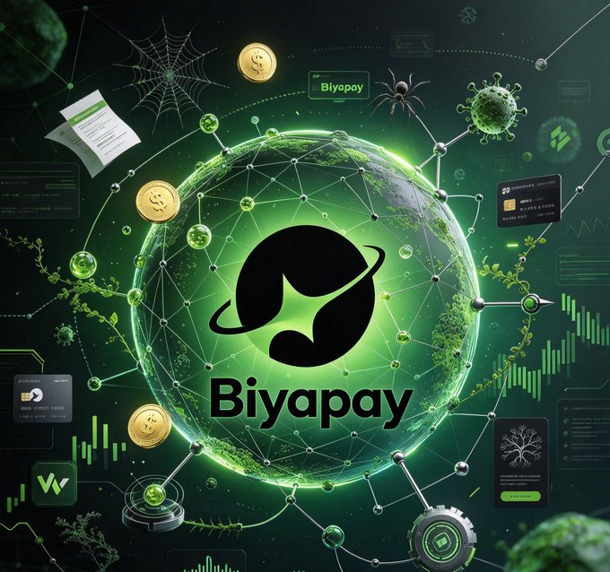 A complex, green-themed digital graphic features a central globe overlaid with a black swoosh logo and the text 'Biyapay', surrounded by coins, financial charts, and network connections.