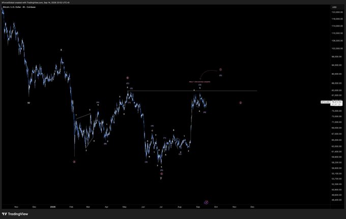 A TradingView daily candlestick chart of Bitcoin (BTC/USD) from Trading Updates shows price action consolidating around $117,000 following a significant pullback, with Elliott Wave labels (1-5, A-B-C) marked across the recent structure. A circled area on the right highlights a potential breakout setup, aligning with the post's commentary about a controlled pullback and the possibility of wave (5) breaking the prior high.