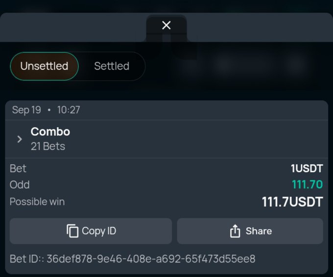 A dark-themed sports betting interface showing an 'Unsettled' combo bet slip from Sep 19 at 10:27 with a 1 USDT stake, an odd of 111.70, and a possible win of 111.7 USDT, including a bet ID.