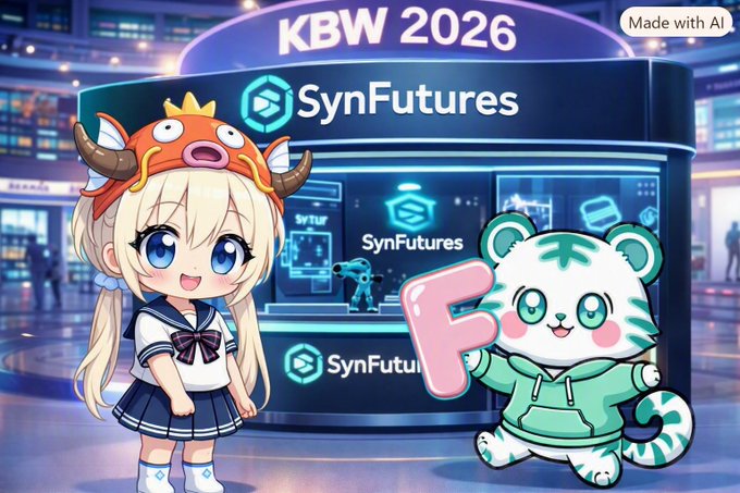 An anime-style illustration shows a chibi girl with blonde hair and a horned helmet alongside a white tiger mascot holding the letter 'F', promoting 'SynFutures' at 'KBW 2026'.