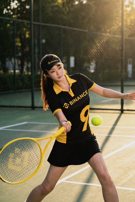The image features a woman dressed in black and yellow tennis attire, holding a tennis racket and preparing to hit a tennis ball. She appears to be playing tennis outdoors during sunset. The photo also includes text that reads "嘿嘿嘿嘿～收到了来自币安的投喂 昨天收到一个超大快递", which is likely a reference to the Binance Coin or another cryptocurrency.