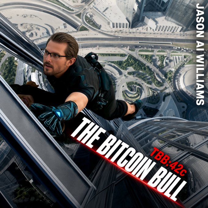A movie-style poster cover for 'THE BITICON BULL' (TBB:42C) by Jason AI Williams, featuring a man in tactical gear climbing the side of a futuristic skyscraper with a city view below.
