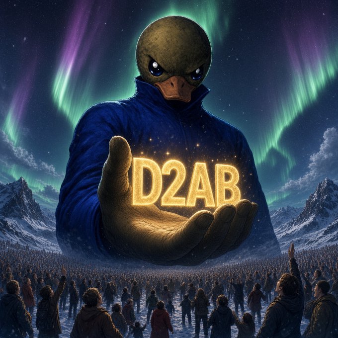 A digital artwork featuring a large duck-like figure in a blue cloak holding glowing golden text reading "D2AB" against a backdrop of aurora borealis and a crowd of people.