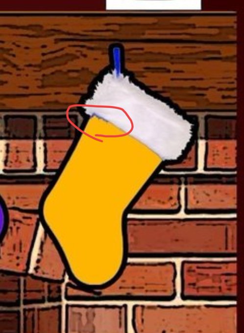 A yellow Christmas stocking with a white fur cuff hangs against a brick fireplace wall, with a hand-drawn red circle highlighting the top edge of the cuff near where it meets the wooden mantel. The image serves as a visual metaphor for the "stocking stuffing" of XRP into a position of dominance, with the red circle drawing attention to XRP being placed as the new "king" to replace BTC after USDT's alleged collapse.