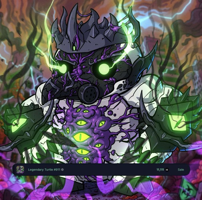 A stylized illustration of a dark, armored turtle-like creature with glowing green eyes and purple veins of corruption on its body, labeled at the bottom as "Legendary Turtle #911" with a sale price of 11,111 H (likely from an NFT marketplace).