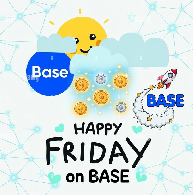 The image features a poster with a cartoon sun and clouds, along with text that reads "Happy Friday, Jumma Mubarak! Bros, are you trading on Base? Something BIG is cooking on Base @base right now! If you'r active on Base trading, building, or farming this is the moment to go hard! Who else is riding the Base wave?". The poster includes a logo for Base and an image of a rocket ship.