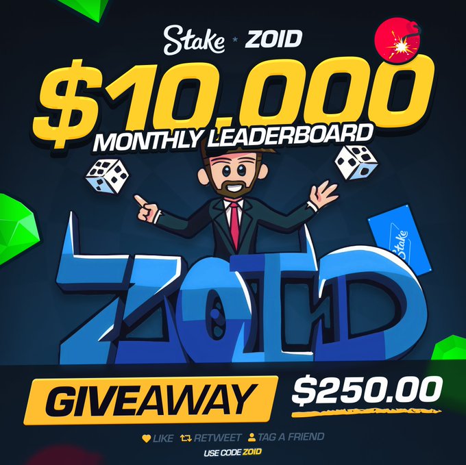 Promotional image for a 'Stake x ZOID $10,000 MONTHLY LEADERBOARD' with a $250.00 giveaway. Features a cartoon character in a suit, dice, and gems, with instructions to 'LIKE', 'RETWEET', and 'TAG A FRIEND' using code 'zoid'.