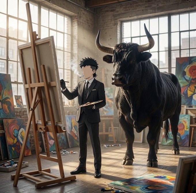 A digitally created scene of an anime-style man in a pinstripe suit painting at an easel in a sunlit studio, with a large bull standing beside him and colorful abstract paintings scattered around.