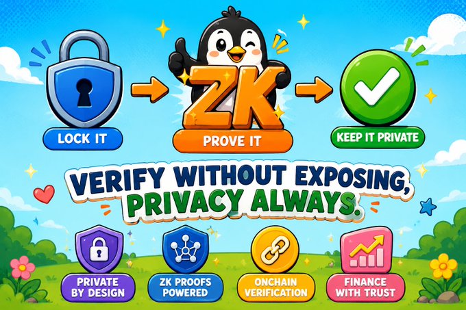 A colorful graphic about Zero-Knowledge proofs featuring a penguin mascot, with text reading 'LOCK IT → ZK PROVE IT → KEEP IT PRIVATE' and 'VERIFY WITHOUT EXPOSING, PRIVACY ALWAYS.' along with feature tags like 'PRIVATE BY DESIGN' and 'ONCHAIN VERIFICATION'.