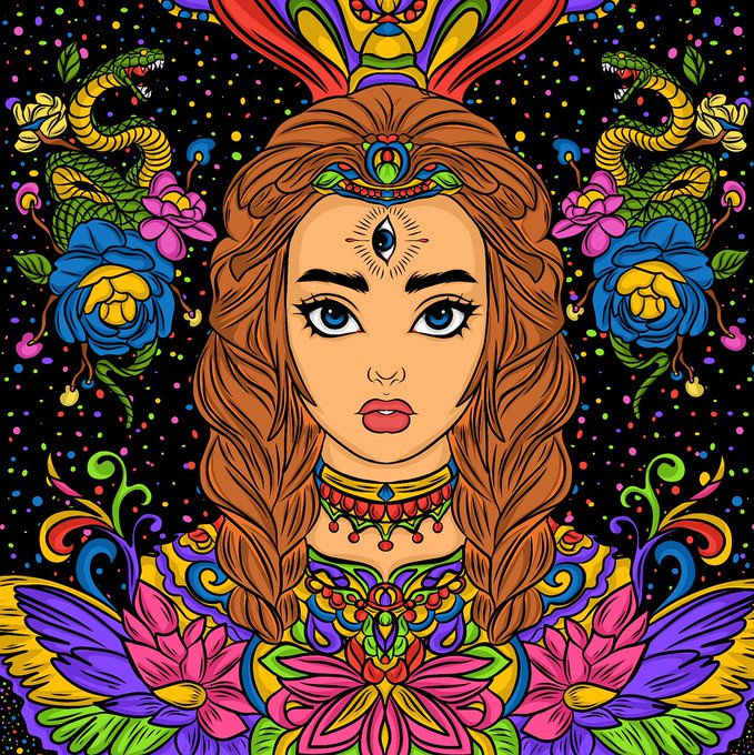A vibrant, psychedelic digital illustration featuring a woman with a third eye on her forehead, surrounded by snakes, flowers, and colorful ornamental designs, reflecting the spiritual and mystical aesthetics celebrated in the Tezos art community.