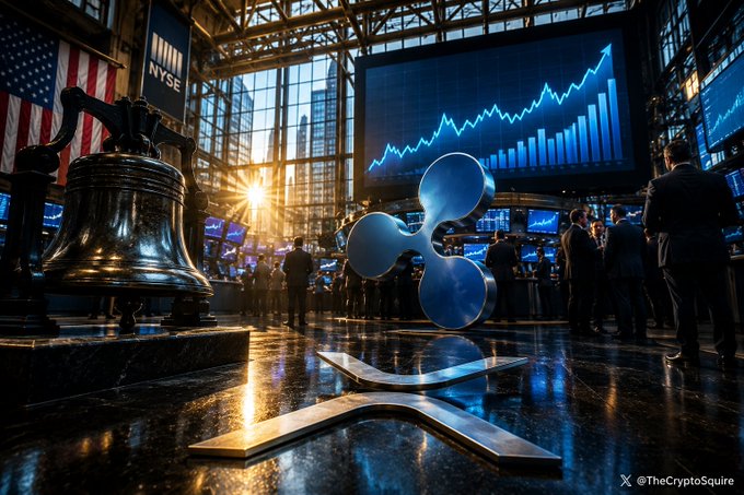 A stylized depiction of the New York Stock Exchange floor features the iconic Liberty Bell, an American flag, and a large screen displaying an upward-trending stock chart, alongside a glowing XRP/Ripple logo and traders monitoring data. The image visually represents the post's discussion about Ripple's potential IPO and how such a public listing could shift XRP's price correlation from Bitcoin to Ripple's corporate earnings.