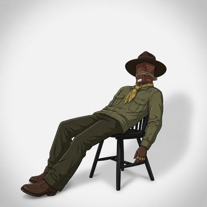 An illustration shows a figure slouched back in a wooden chair wearing a green scout-like uniform, yellow bandana, and a brown hat covering a face that resembles a book labeled 'TENTHOUSAND DOLLAR CHECK'.