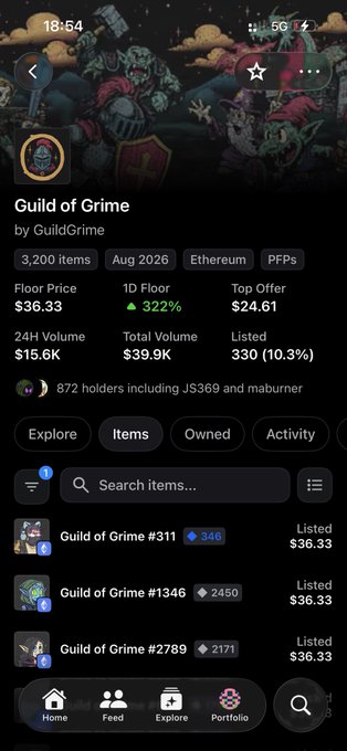 A screenshot of the Guild of Grime NFT collection on what appears to be an NFT marketplace app, showing a floor price of $36.33 with 322% growth and 872 holders. The image relates to the post by showcasing the collection's significant value increase from $2 to $36, supporting the context of raffling 10 spots.