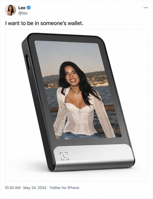 A tweet from user Leo (@leo) reading 'I want to be in someone's wallet' with an image of a woman in a white corset top displayed on a crypto hardware wallet device.