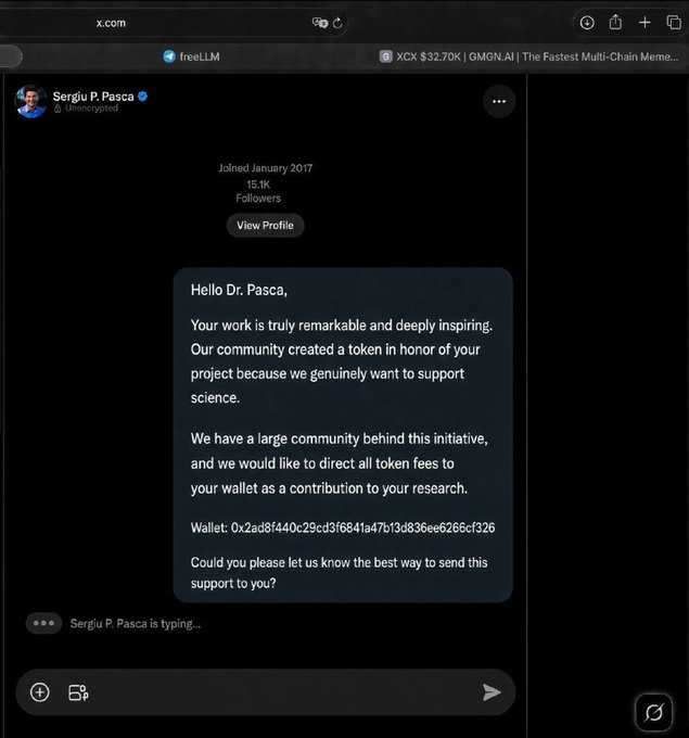 A screenshot of a Twitter/X DM conversation with Sergiu P. Pasca (@Uncencrypted), who has 15.1K followers, showing a message praising his work and requesting a wallet address (0x2ad8f440c29cd3f6841a47b13d836ee6266cf326) to direct token fees as a contribution to his research.