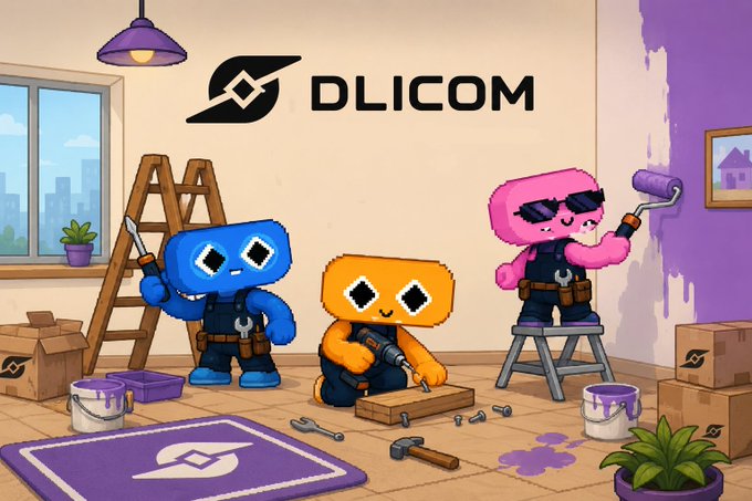 A cartoon illustration shows three colorful blocky characters in overalls renovating a room with the DLICOM logo prominently displayed on the wall.