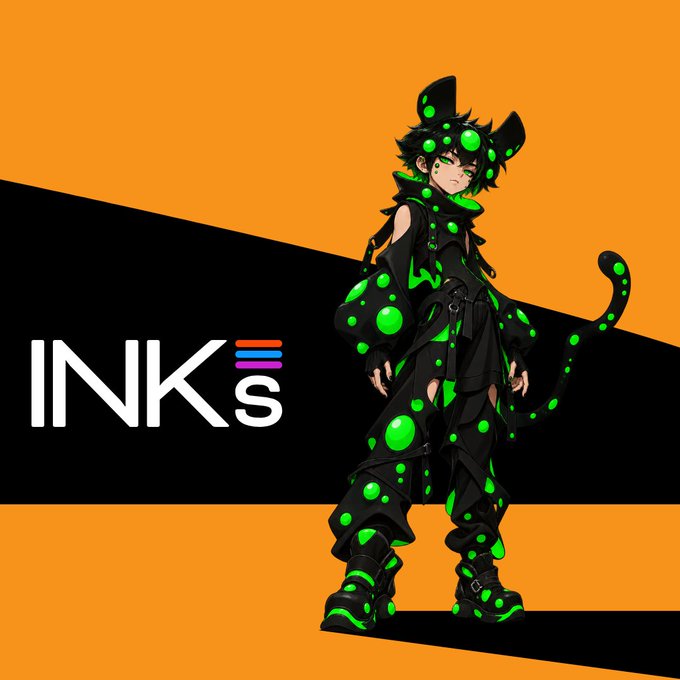 An anime-style character with black and green bubbly textures, cat ears, and a tail, alongside the text 'INKs' on an orange and black background.
