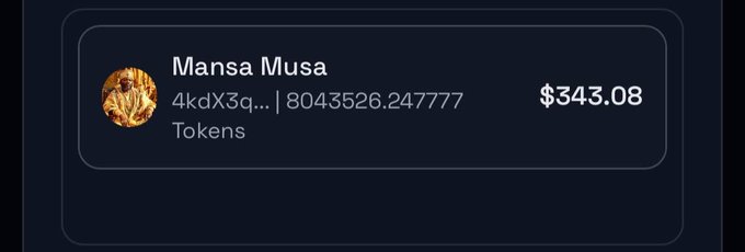 A wallet named "Mansa Musa" holding 804,352.247777 tokens valued at $343.08, as shown to support the poster's announcement of burning their entire $343 worth of $KING tokens.