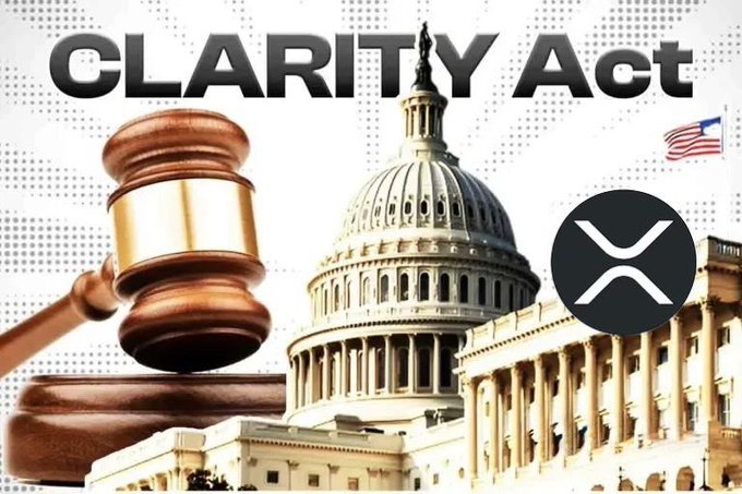 The "CLARITY Act" is symbolized by a gavel and the U.S. Capitol building, with the XRP logo suggesting its potential impact on crypto regulation and institutional adoption.