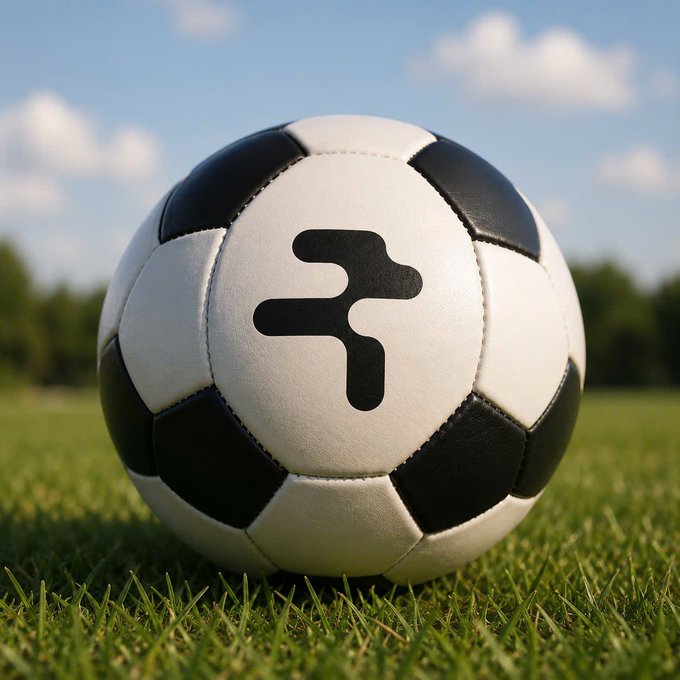 A classic black and white soccer ball sits on a grassy field, featuring a stylized "F" logo. The image serves as a metaphor for Rialo's blockchain infrastructure—suggishing teamwork, building foundational "plays" for the next generation of blockchain technology.