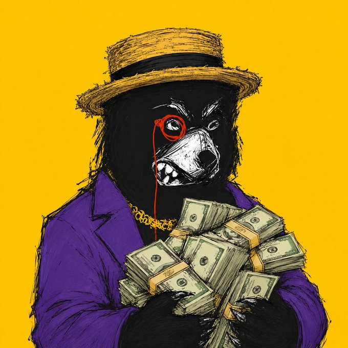 An illustrated bear wearing a straw boater hat, monocle, gold chain, and purple suit clutches stacks of banded dollar bills against a yellow background.