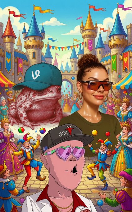 A colorful cartoon illustration featuring a frog wearing an 'L8' cap, a woman with sunglasses and a bun, and a cartoon man in heart-shaped glasses, set against a fairytale castle background with court jesters.