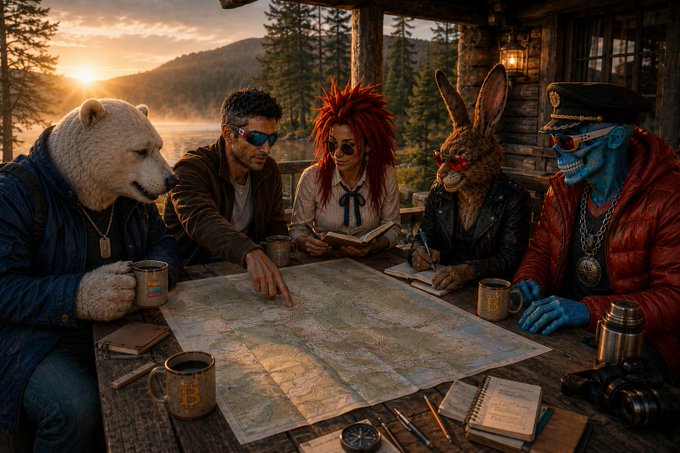 The image shows a group of people sitting around a table, with one person wearing a bear costume as part of their outfit. The group appears to be engaged in a discussion or planning session related to travel or exploration. There are several cups on the table, suggesting that they might be enjoying beverages while discussing their plans. The post also mentions "Portfolio review mode: ON. Checking positions. Evaluating risks. Planning the next moves." This could indicate that the group is reviewing and strategizing for a trip or adventure, possibly planning out routes, destinations, and other logistics to ensure a successful journey.