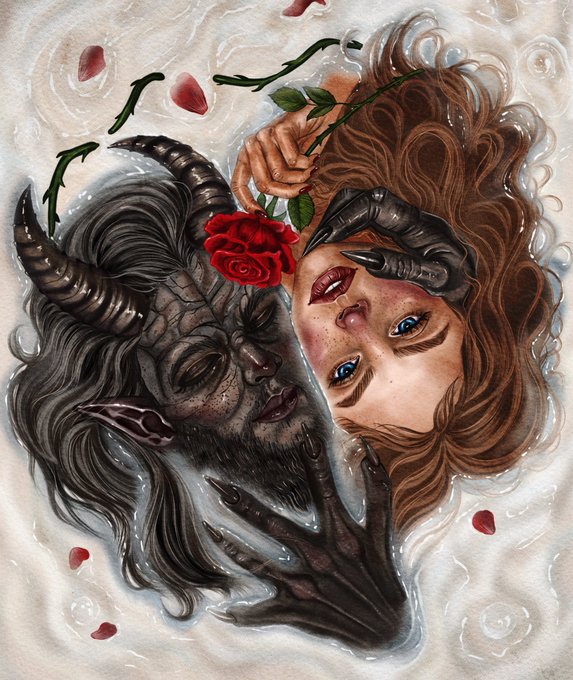 A detailed fantasy illustration depicting a horned dark figure and a freckled red-haired woman face-to-face in an intimate pose, with a red rose between them and rose petals floating around them.