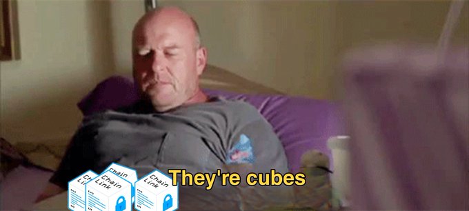 A scene showing a man reclining with a confused expression, accompanied by the caption 'They're cubes' and overlaid images of Chainlink (LINK) milk carton boxes.