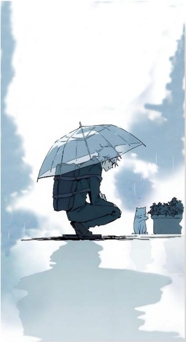 An anime-style illustration shows a person with white hair crouching under a transparent umbrella in the rain, facing a small white cat beside a planter.
